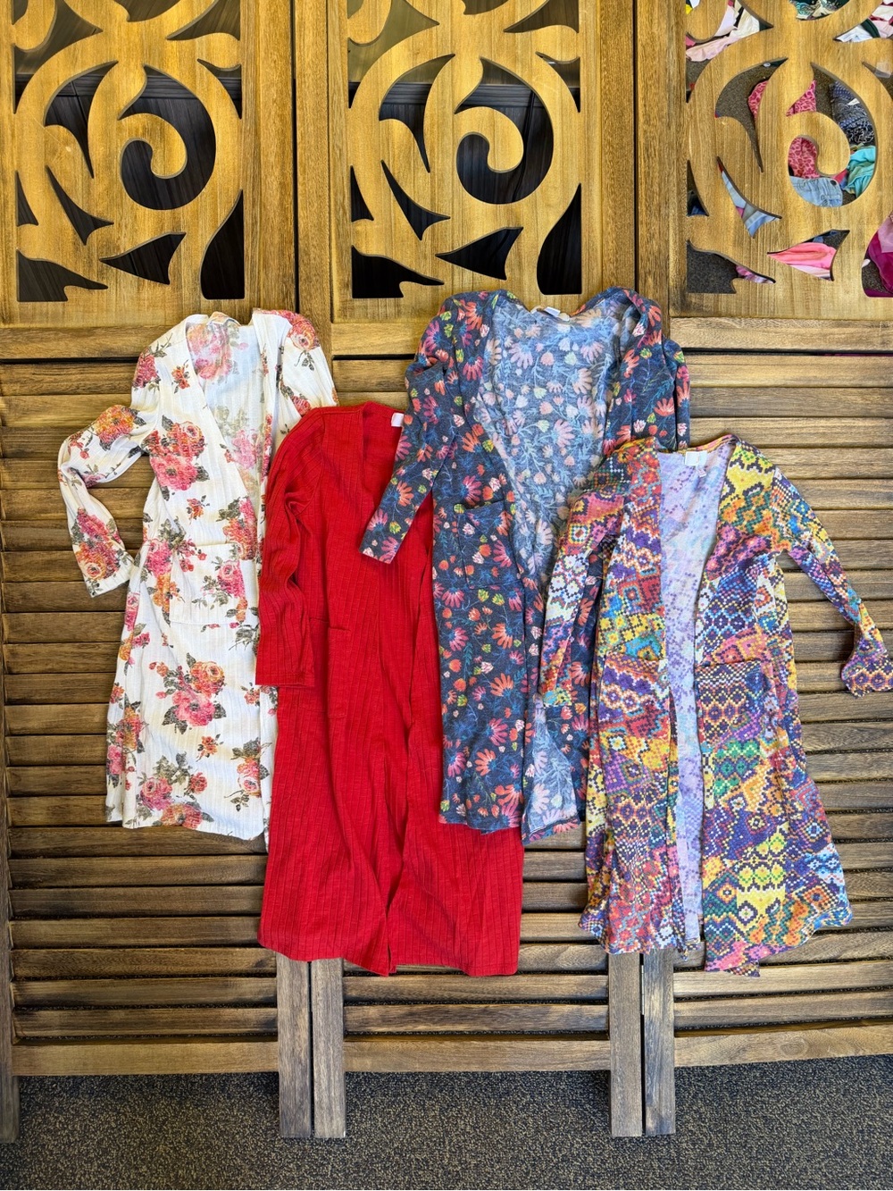 LuLaRoe Kids Long Sleeve Pocketed Cardigan Bundle in Multicolor Patterns & Red 6